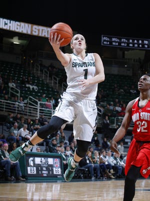 Michigan State's Tori Jankoska (1) is projected to go late in the first round or early in the second round of Thursday's WNBA draft.