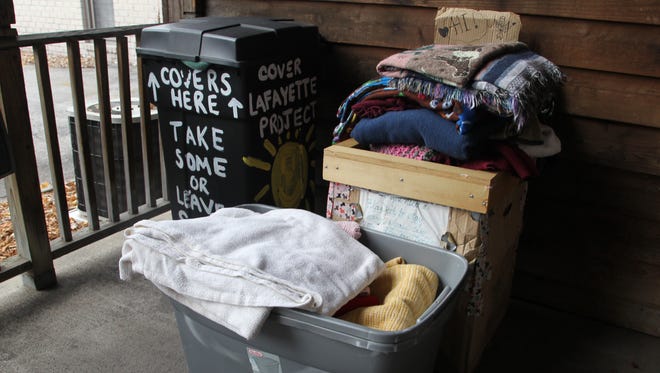 Collection bins full of warm items are set up behind The Buttery Shelf at 927 Main Street.