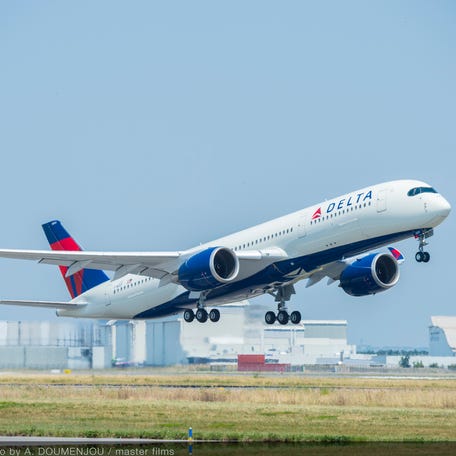 One of Delta's first Airbus A350s is seen in flight in this undated photos.