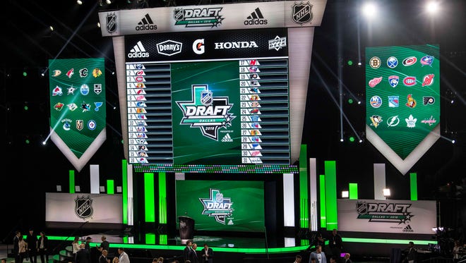 June 22, 2018; Dallas; A general view of the draft floor and stage before the first round of the 2018 NHL draft at American Airlines Center.