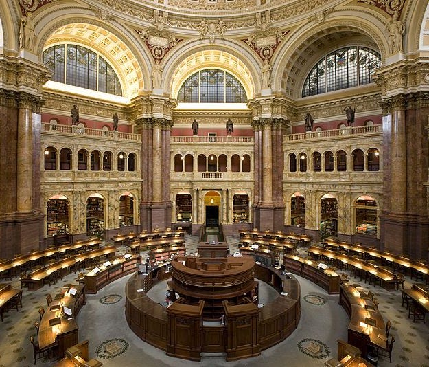 Library of Congress, Jefferson Building: An architectural as well as bibliographic wonder. The stairhall is particularly beautiful.  Architects: John L. Smithmeyer + Paul J. Pelz.