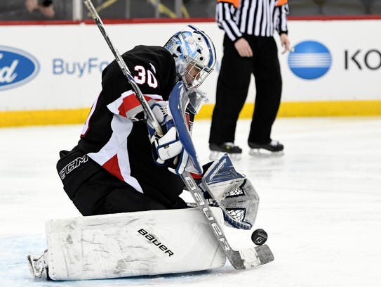 Northern Highlands goalie John Werber makes a save against Randolph. He made 19 saves to help the Highlanders shut out Randolph, 1-0, for the Public B state final in Newark, NJ on Monday, March 5, 2018.