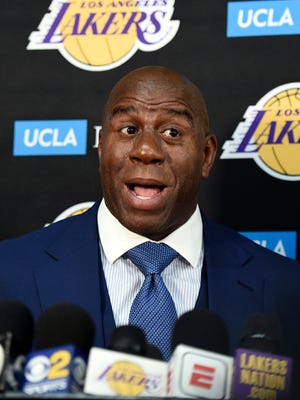Earvin "Magic" Johnson, president of basketball operations of the Los Angeles Lakers, speaks during media day September 25, 2017, in El Segundo, California.