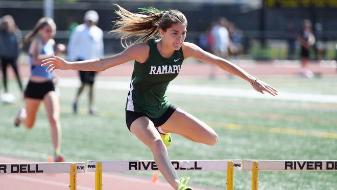 Boys and girls track and field championship at River Dell High School on Friday, May 26, 2017. Grace O'Shea, of Ramapo, competes in the 400M Hurdles.