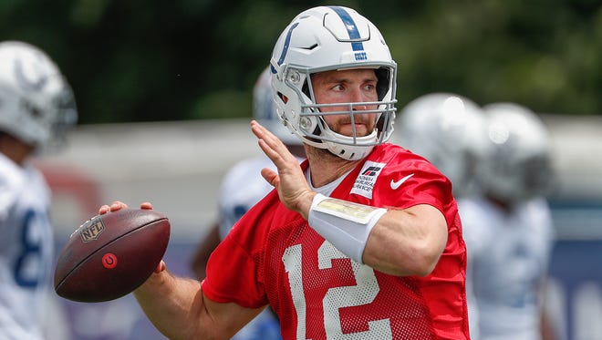Indianapolis Colts quarterback Andrew Luck (12) throws the ball during their first day of training camp at Grand Park in Westfield on Thursday, July 26, 2018. 