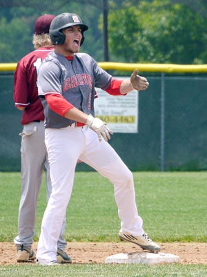 Riverheads #3, Colt Miller reacts to hitting a double for an RBI against Luray in the thirds inning putting Riverheads in the lead 2-1 on Monday, May 30, 2016 at Riverheads High School. Riverheads beat Luray 3-1 to advance in the playoffs.