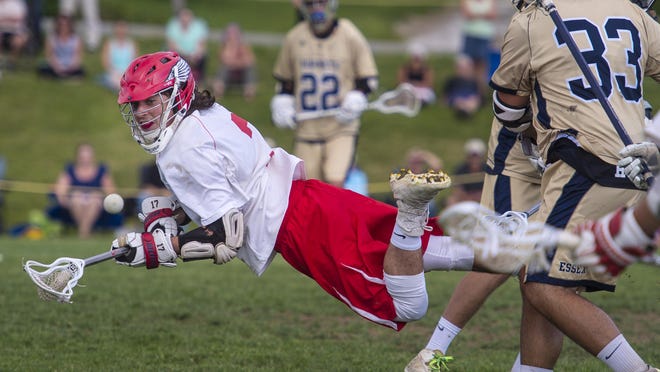 Champlain Valley’s Matt Palmer passes off the ball against Essex in Monday’s Division I high school boys lacrosse semifinals in Hinesburg. CVU won 11-8.