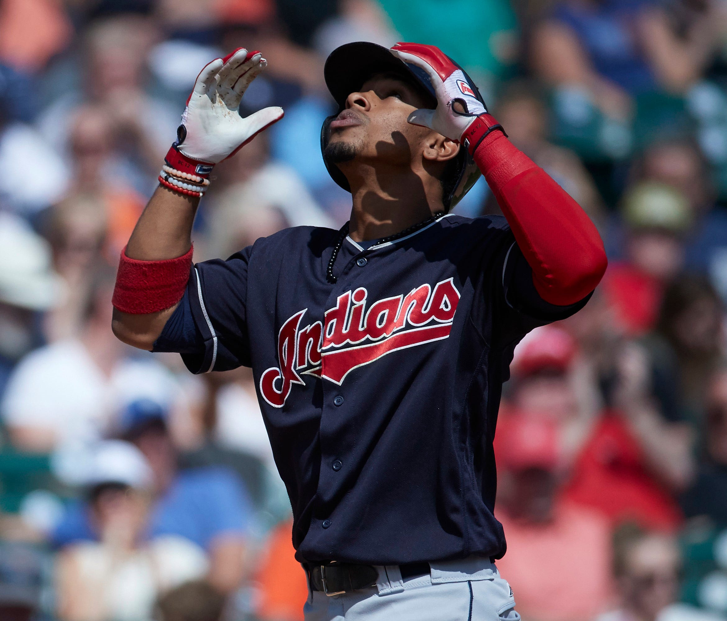 Francisco Lindor celebrates after he hits a home run.