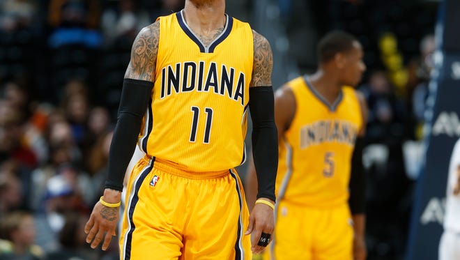 Indiana Pacers guard Monta Ellis reacts after turning over the ball to the Denver Nuggets during the first half of an NBA basketball game, Sunday, Jan. 17, 2016, in Denver. (AP Photo/David Zalubowski)