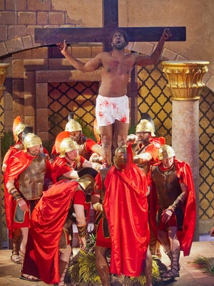 Jesus Christ (Channing Banks) is crucified and his cross raised up by Roman guards in the Bates Memorial Baptist Church's Easter production of "Passion," a contemporary re-telling of the last hours of Jesus Christ on earth.
Mar. 31, 2018
