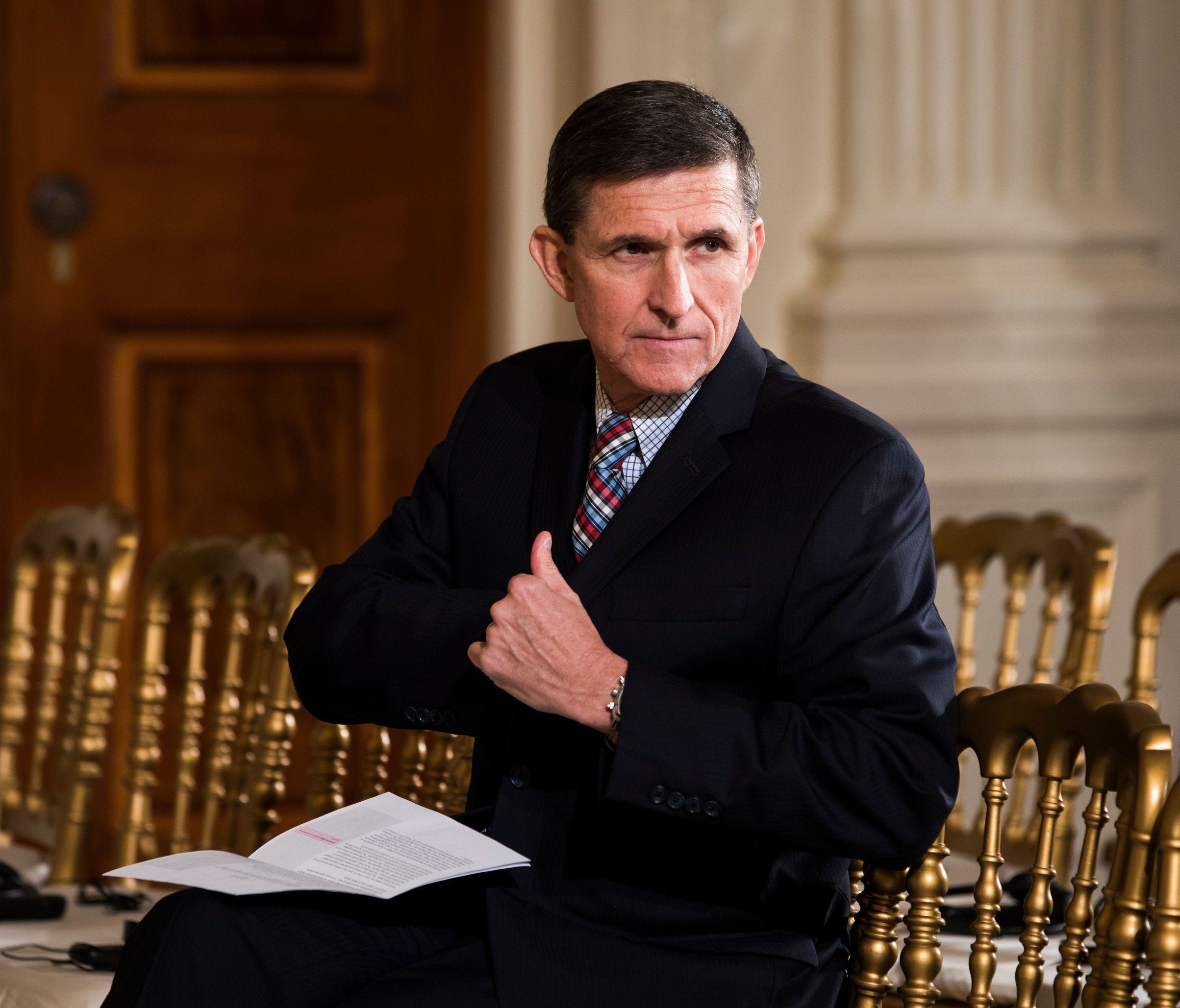 Michael Flynn, then National Security Adviser to President Trump, attends a press conference with Japanese Prime Minister Shinzo Abe in the East Room of the White House on Feb 10, 2017.