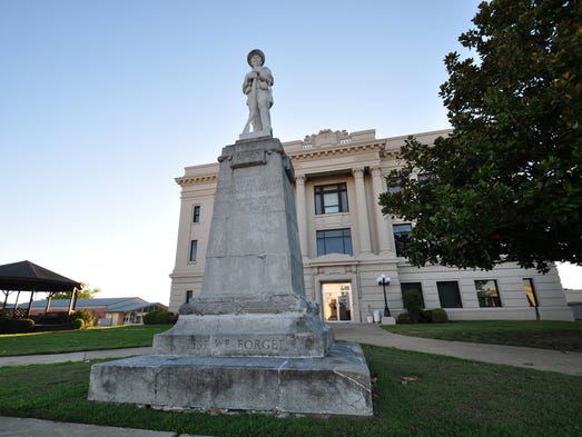 The Confederate Soldier Statue stands outside the Bryan