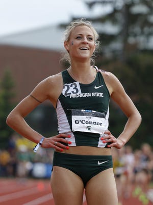 MSU's Leah O'Connor smiles after winning the 5,000-meter during the Big Ten Track and Field championship on May 17 in East Lansing. O’Connor will defend her NCAA title in the 3,000-meter steeplechase this week.