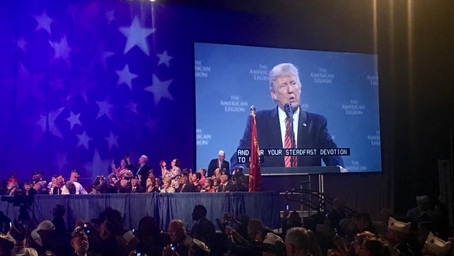 President Donald Trump speaks at the American Legion convention in Reno, Nevada, Aug. 23, 2017.