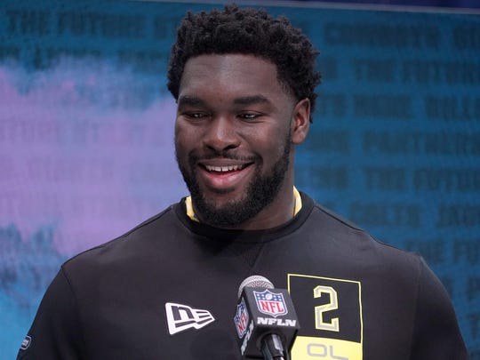 Feb 26, 2020; Indianapolis, Indiana, USA; Kansas Jayhawks lineman Hakeem Adeniji during the NFL Scouting Combine at the Indiana Convention Center. Mandatory Credit: Kirby Lee-USA TODAY Sports