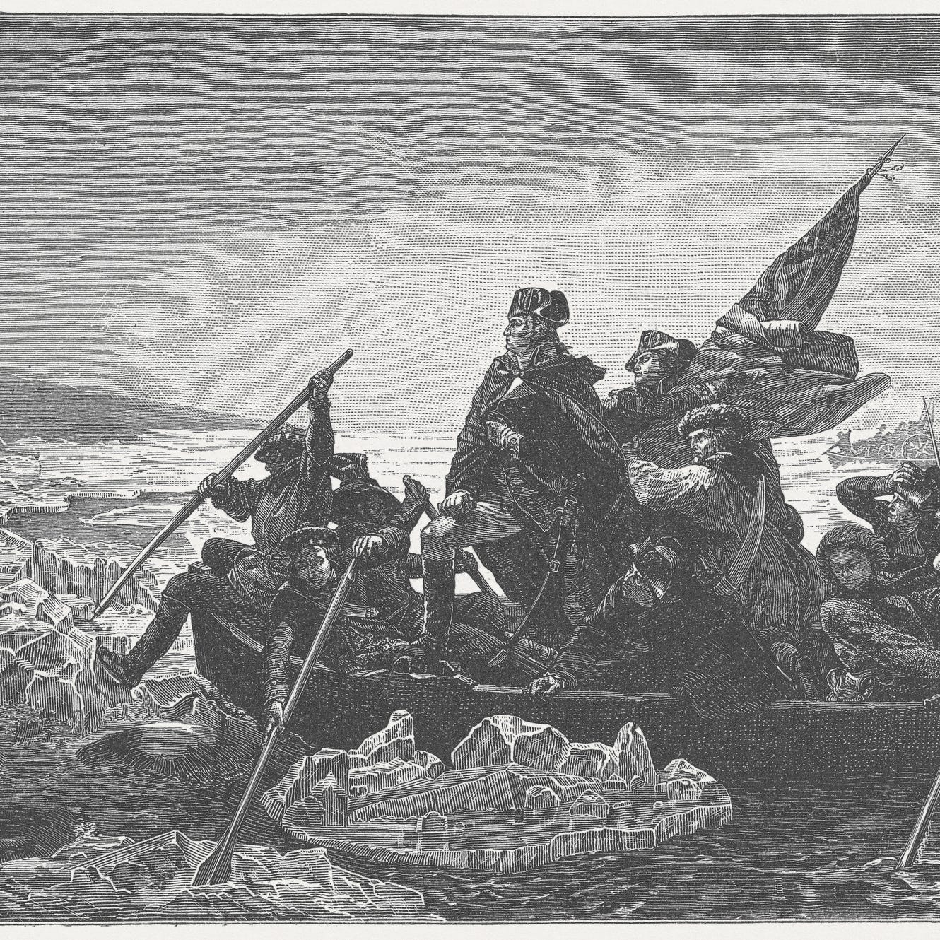 Washington's crossing of the Delaware River, which occurred on the night of December 25–26, 1776, during the American Revolutionary War. Wood engraving after a painting (1851) by Emanuel Gottlieb Leutze (German American history painter, 1816 - 1868),