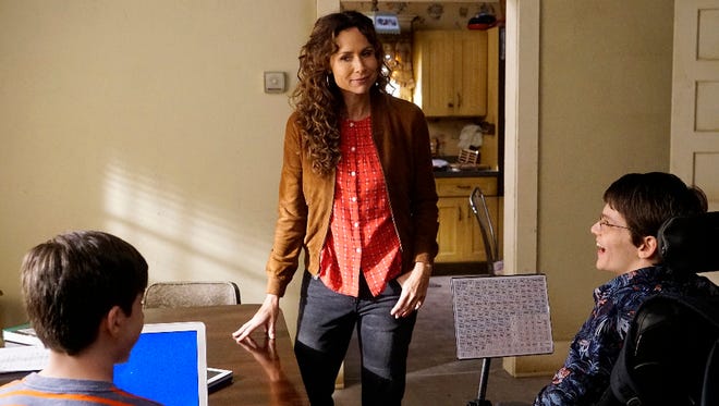 Mason Cook, left, Minnie Driver and Micah Fowler in ABC's 'Speechless.'