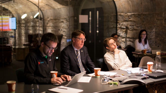 The Pearse Lyons Accelerator interview panel selects start-ups to take part in a mentorship program for agri-business innovators. From left to right: Jon Bradford, program advisor, Aidan Connolly, chief innovation officer at Alltech, and David Hunt, CEO at Cainthus.