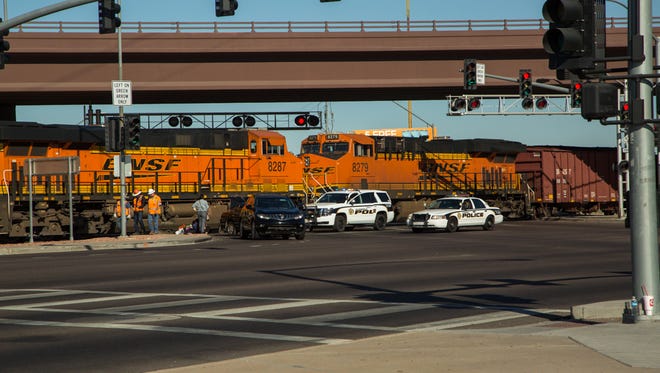 Glendale Police Department and officials from BNSF were working the scene of a collision with a train on May 22, 2017, at the Grand Avenue and Bethany Home Road intersection.
