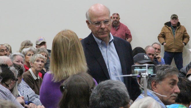 In this March 2017 file photo, Congressman Steve Pearce listens to a constituents question during a town hall meeting at the Ruidoso Convention Center. Pearce announced on Monday he is running for governor.