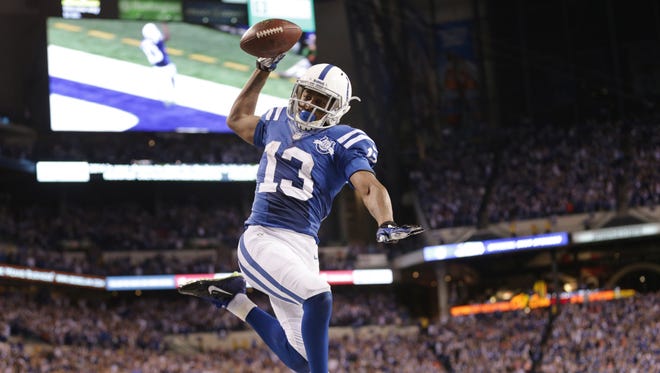Indianapolis Colts receiver T.Y. Hilton celebrates after making the touchdown in the playoffs against Kansas City, Jan. 4, 2014.