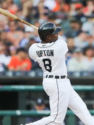 Tigers leftfielder Justin Upton homers during the second inning of the Tigers' 1-0 win over the Twins Monday at Comerica Park.