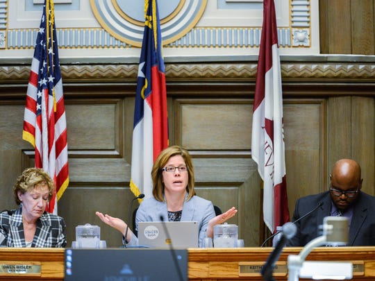 Mayor Esther E. Manheimer speaks at an Asheville City Council meeting Tuesday March 20, 2018.