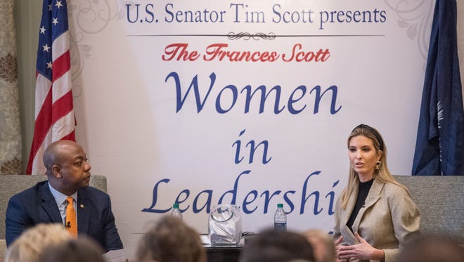 Ivanka Trump and Senator Tim Scott speak during the Women in Leadership Forum at the Poinsett Hotel in Greenville on Friday, January 26, 2018.
