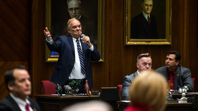 Rep. Don Shooter gives a statement during a vote on whether to remove him from office on Feb. 1, 2018, at the Arizona House of Representatives chambers in Phoenix.