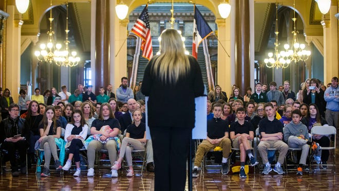 Parents address a crowd at a rally in support of school choices held in the Rotunda of the Iowa State Capitol on Wednesday, April 4, 2018. The Iowa Alliance for Choice in Education hosted a rally advocating for expanding educational choices throughout Iowa.