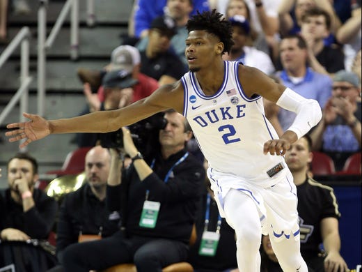Duke freshman forward Cam Reddish is a projected top-10 pick this summer. He did not play in the Sweet 16 win over Virginia Tech due to a knee injury. At 6-8, 218, he averages 13.6 points and shoots 33.3% from 3-point range.