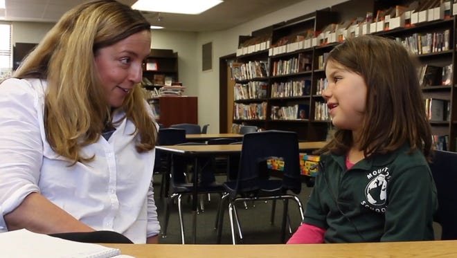 Siobhan McAndrew challenges a Mt. Rose Elementary student to pronounce "sesquicentennial" on May 8, 2018.