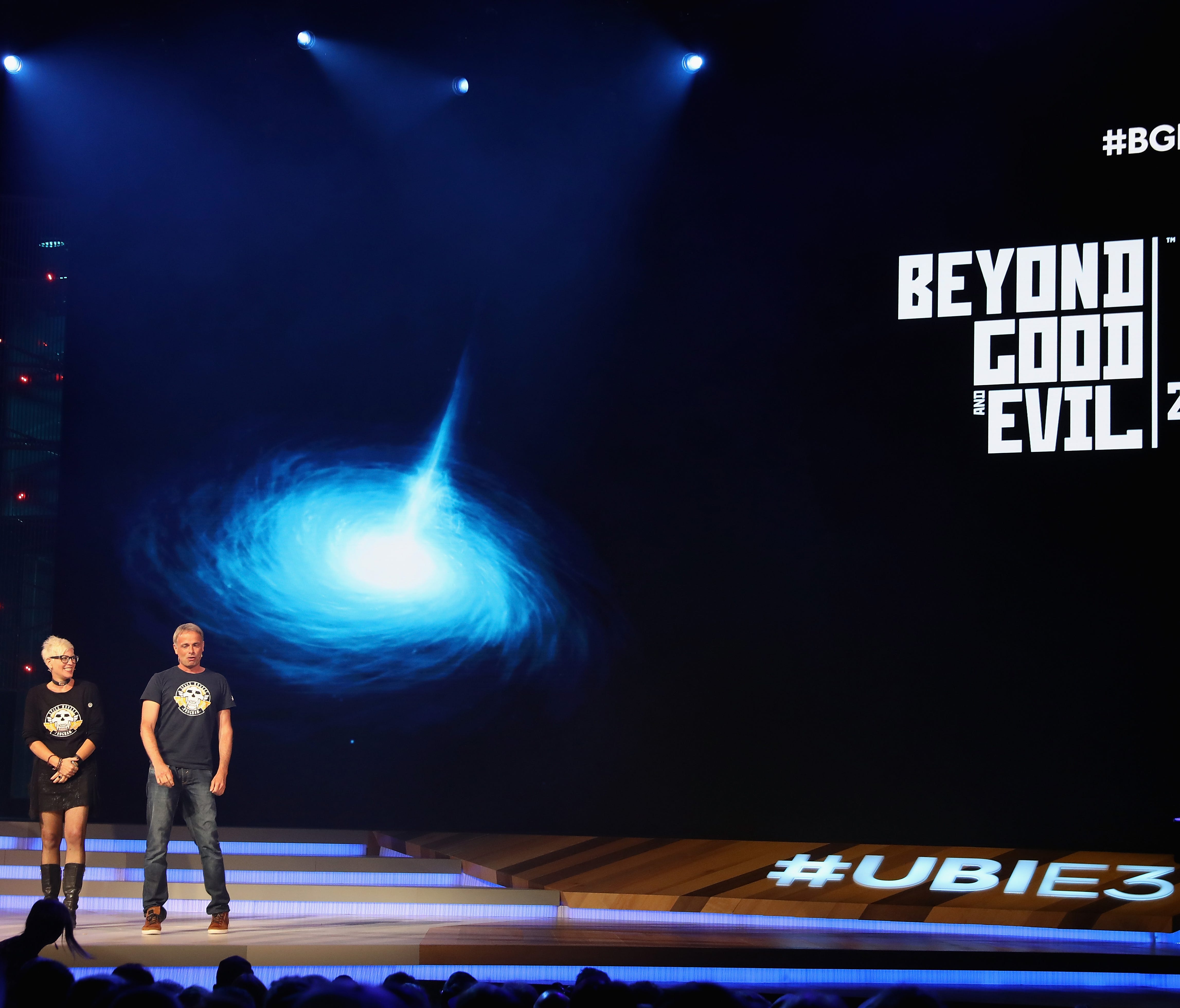 Ubisoft Narrative Director Gabrielle Shrager, left, and Ubisoft Montpellier Studio's Michel Ancel introduce 'Beyond Good and Evil 2' during the Ubisoft E3 conference at the Orpheum Theater in Los Angeles.
