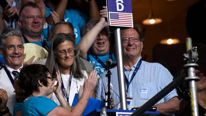 Larry Sanders, brother of Democratic presidential candidate Bernie Sanders, represents Democrats Abroad during the roll call at the 2016 Democratic National Convention in Philadelphia on July 26, 2016.