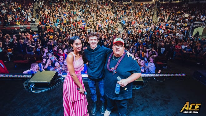 Tom Holland, Jacob Batalon and Laura Harrier talk during the "Spider-Man" panel at Ace Comic Con, January 14, 2018.