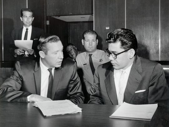 John J. Flynn (left) at the opening of trial for Ernesto Miranda on Feb 16, 1967.
