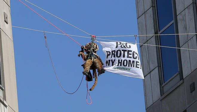 Nine Greenpeace activists, including this one dressed in a tiger suit, took part in the March 4 protest of Procter & Gamble outside of the company's headquarters in downtown Cincinnati.