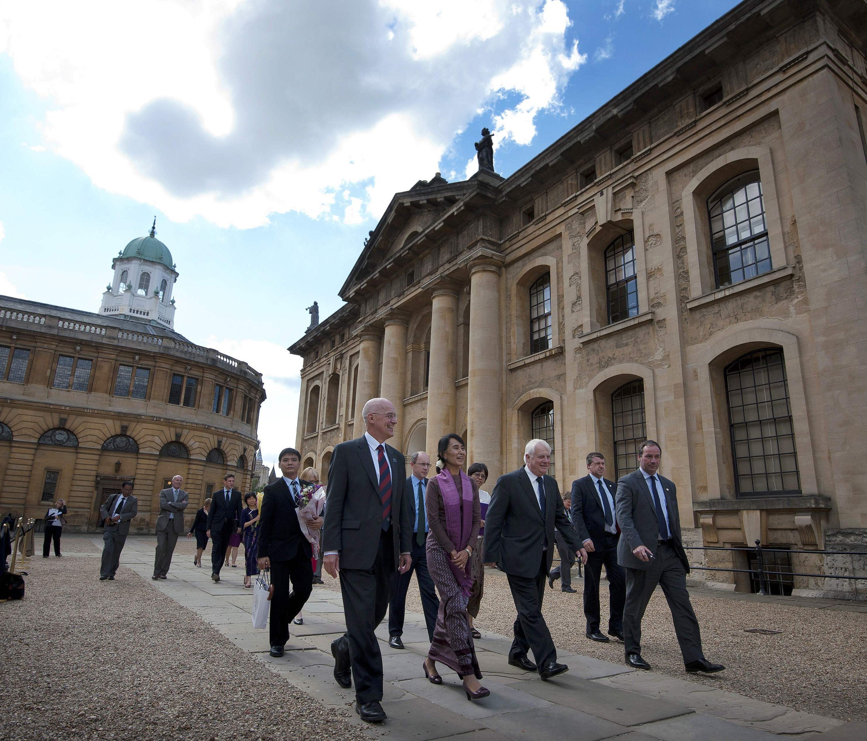 This file photo taken on June 19, 2012 shows Myanmar leader Aung San Suu Kyi as she leaves after visiting the Bodleian Libraries at Oxford University in Oxford, northwest of London.