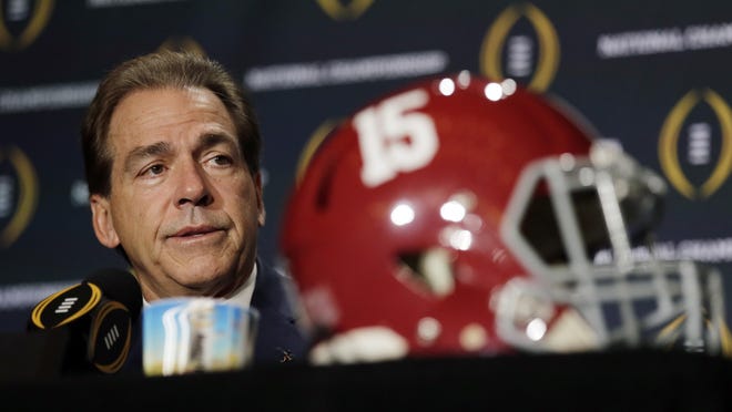 Alabama head coach Nick Saban speaks during a news conference for the NCAA college football playoff championship game Sunday, in Glendale, Arizona.