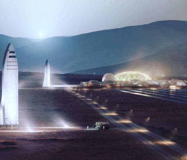 Artist rendering of SpaceX spaceships at a settlement on Mars.