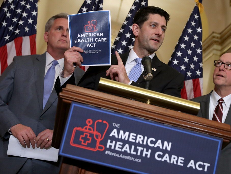 House Speaker Paul Ryan, R-Wis., with copy of Republican health care bill.