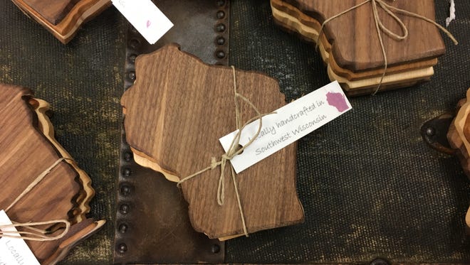 Younkers stocks Wisconsin- theme gifts, like these wooden coasters.