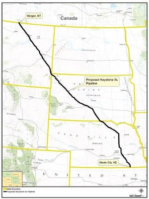 The route of the proposed Keystone XL Pipeline.
