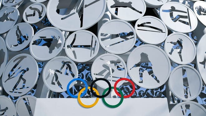 View of a sculpture featuring depictions of winter sports outside the Main Press Center in advance of the Pyeongchang 2018 Winter Olympic Games.