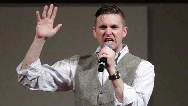 In this December 2016, photo, Richard Spencer speaks at the Texas A&M University campus in College Station, Texas.