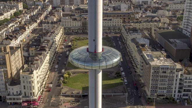 This image captured by drone shows the British Airways i360 within view of Brighton, England. (Courtesy of Visual Air 