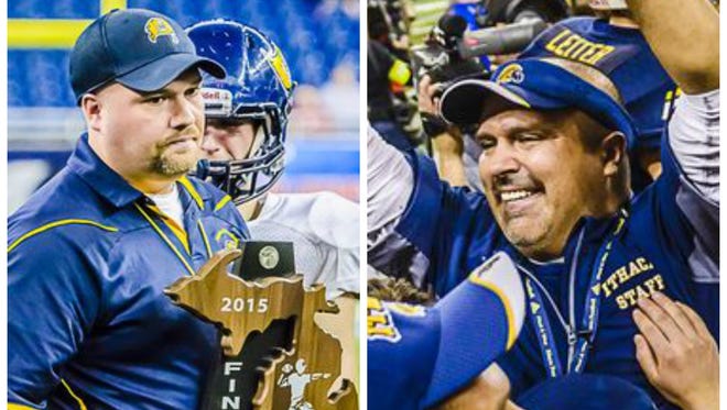 Jeremy Miller of Pewamo-Westphalia and Terry Hessbrook of Ithaca are in the running for the Detroit Lions Michigan High School Football Coach of the Year.