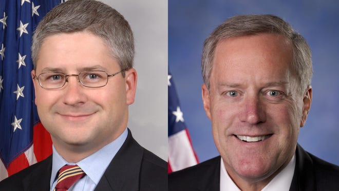 U.S. Reps. Patrick McHenry, left, and Mark Meadows