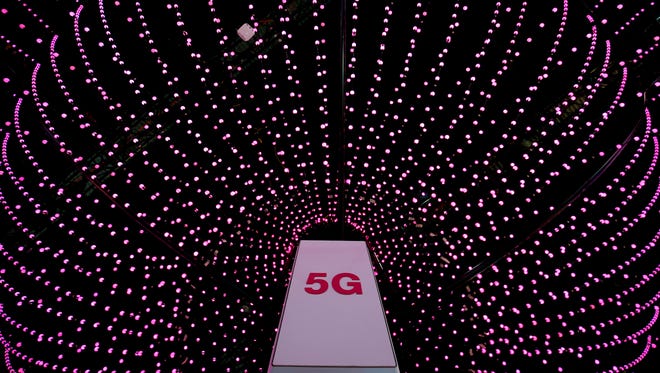 A 5G antenna is displayed at the Deutsche Telekom stand on the first day of the Mobile World Congress.
