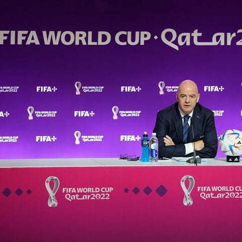 FIFA President Gianni Infantino speaks at a press 